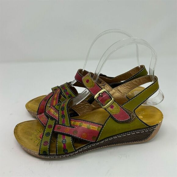 Spring Step L'Artiste Green and Pink Floral Strappy Slingback Sandals Size 38 - Picture 6 of 13